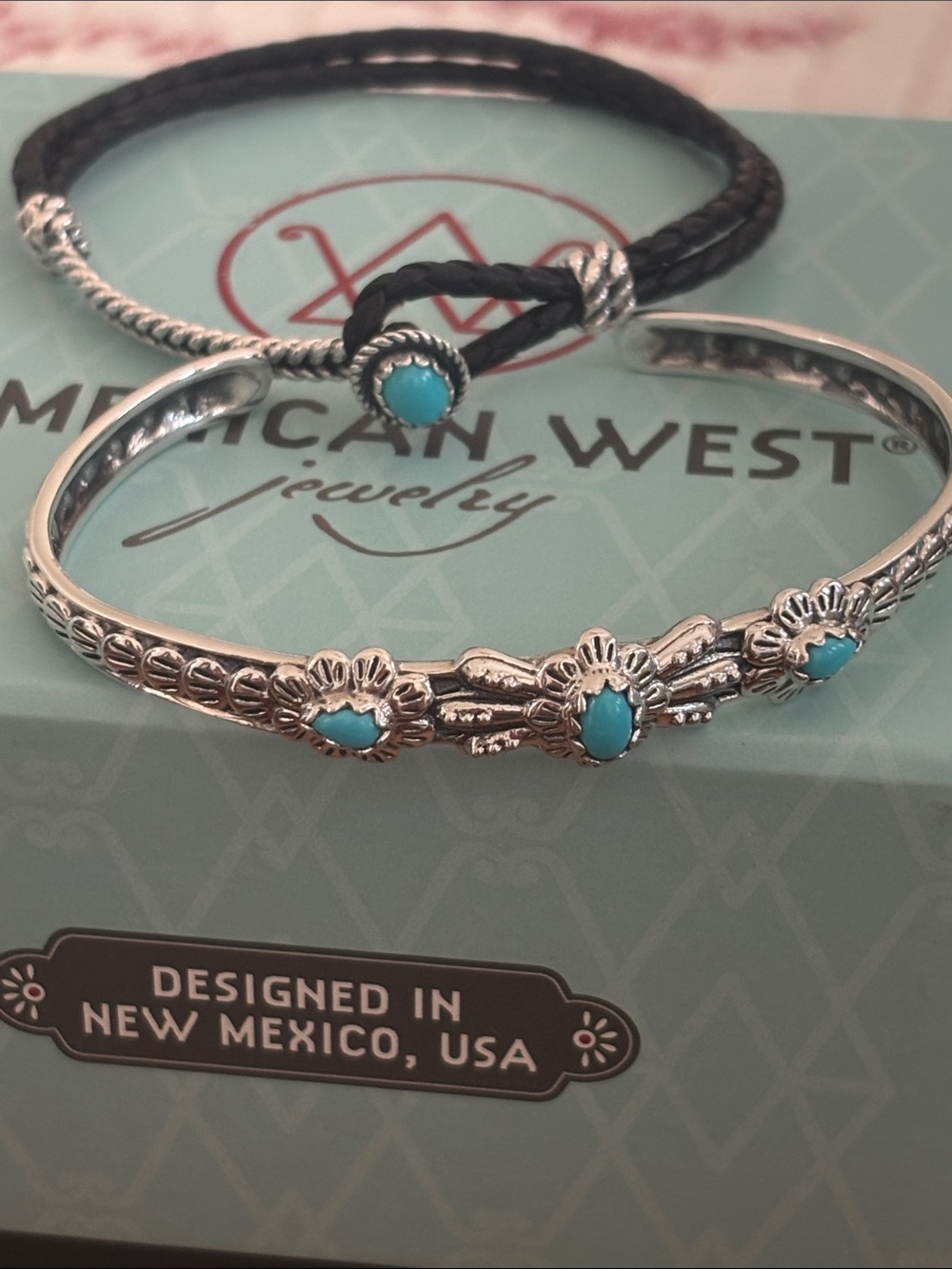 American West 925 Sterling Turquoise Bangle & Leather/Turquoise 925 Bracelet Duo - Picture 14 of 14